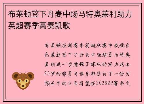 布莱顿签下丹麦中场马特奥莱利助力英超赛季高奏凯歌